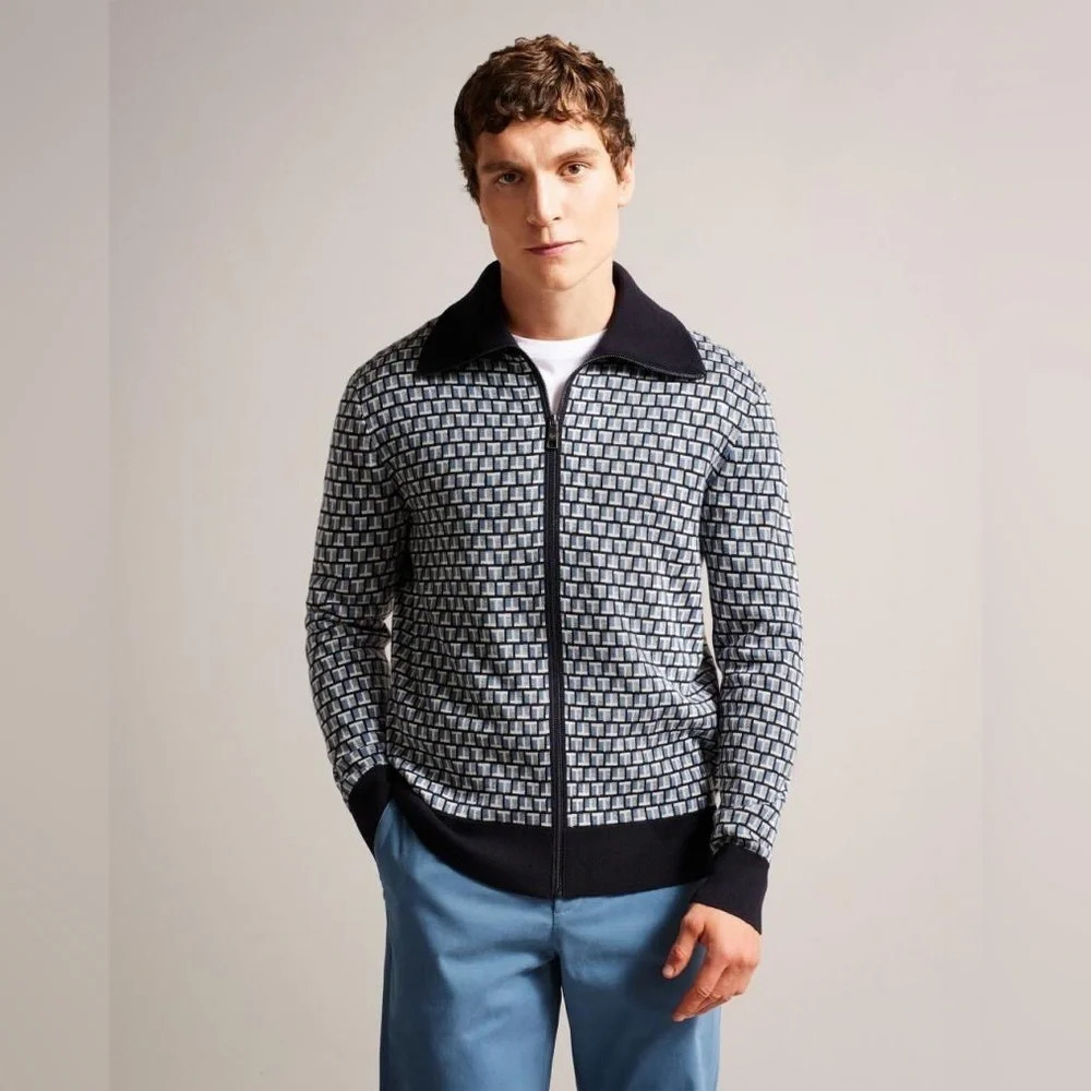 Ted Baker Mens Teeflow Geometric T Print Zipped Knit Cardigan Sweater  4=L